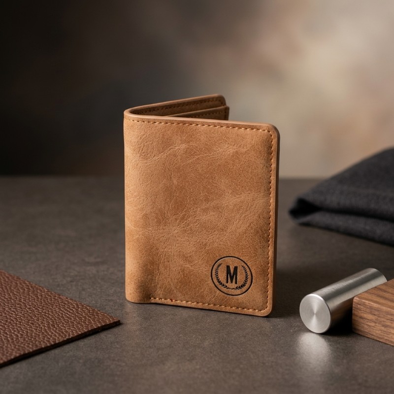 Men's Slim Bifold Leather Card Holder with Monogram Emblem – Minimalist Wallet, Multiple Colors