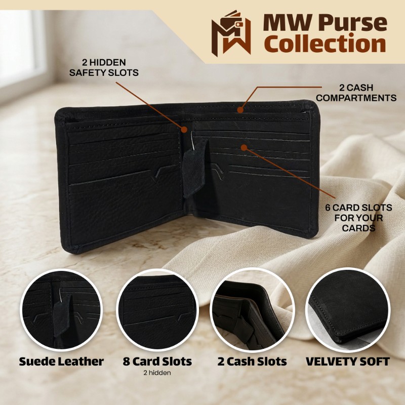Men's Black Suede Leather Bifold Wallet with Hidden Safety Slots, 8 Card Slots & 2 Cash Compartments