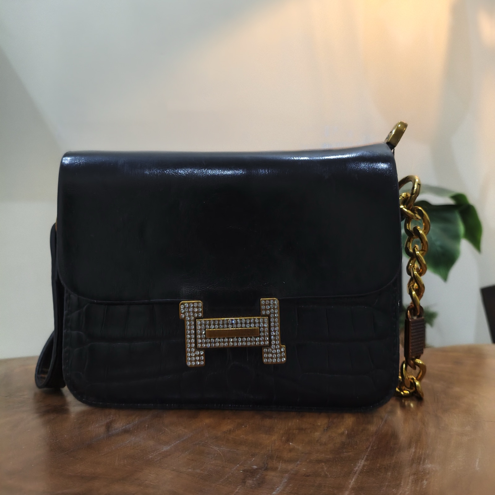Women's Black Flap Shoulder Bag with Silver Buckle & Chain Detail