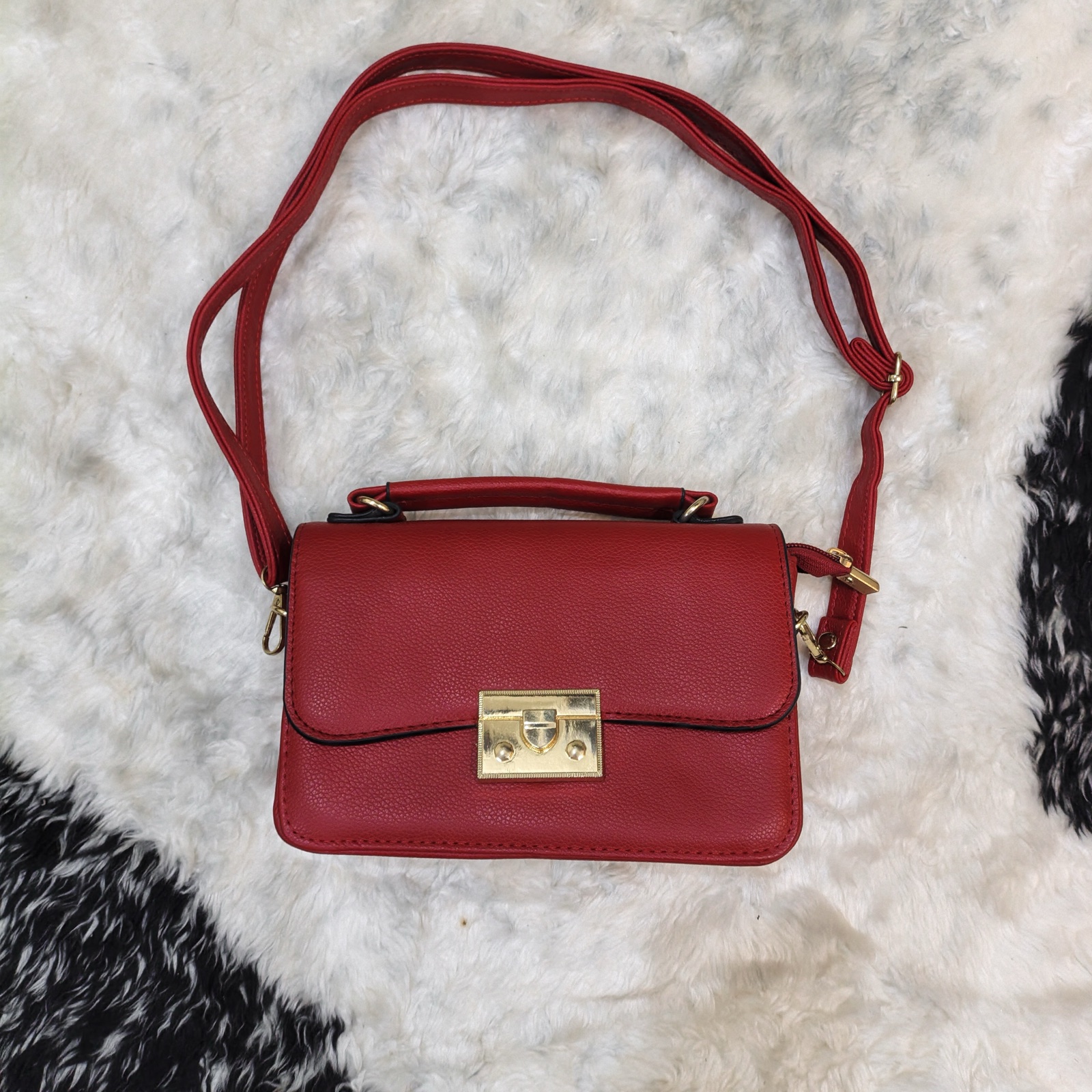 Women's Red Mini Satchel Crossbody Bag with Top Handle & Gold Lock