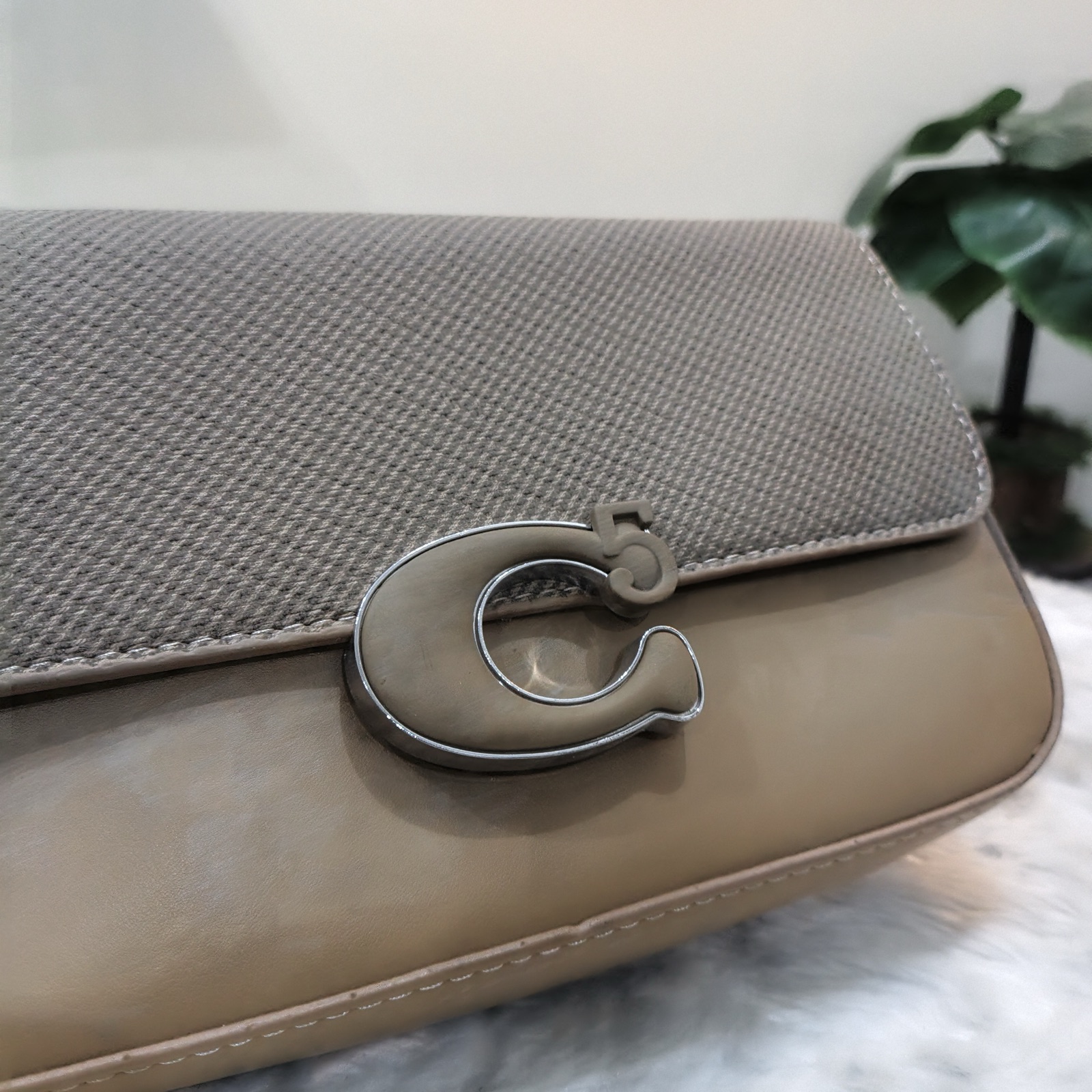 Women's Taupe Baguette Shoulder Bag with Statement Buckle & Detachable Strap