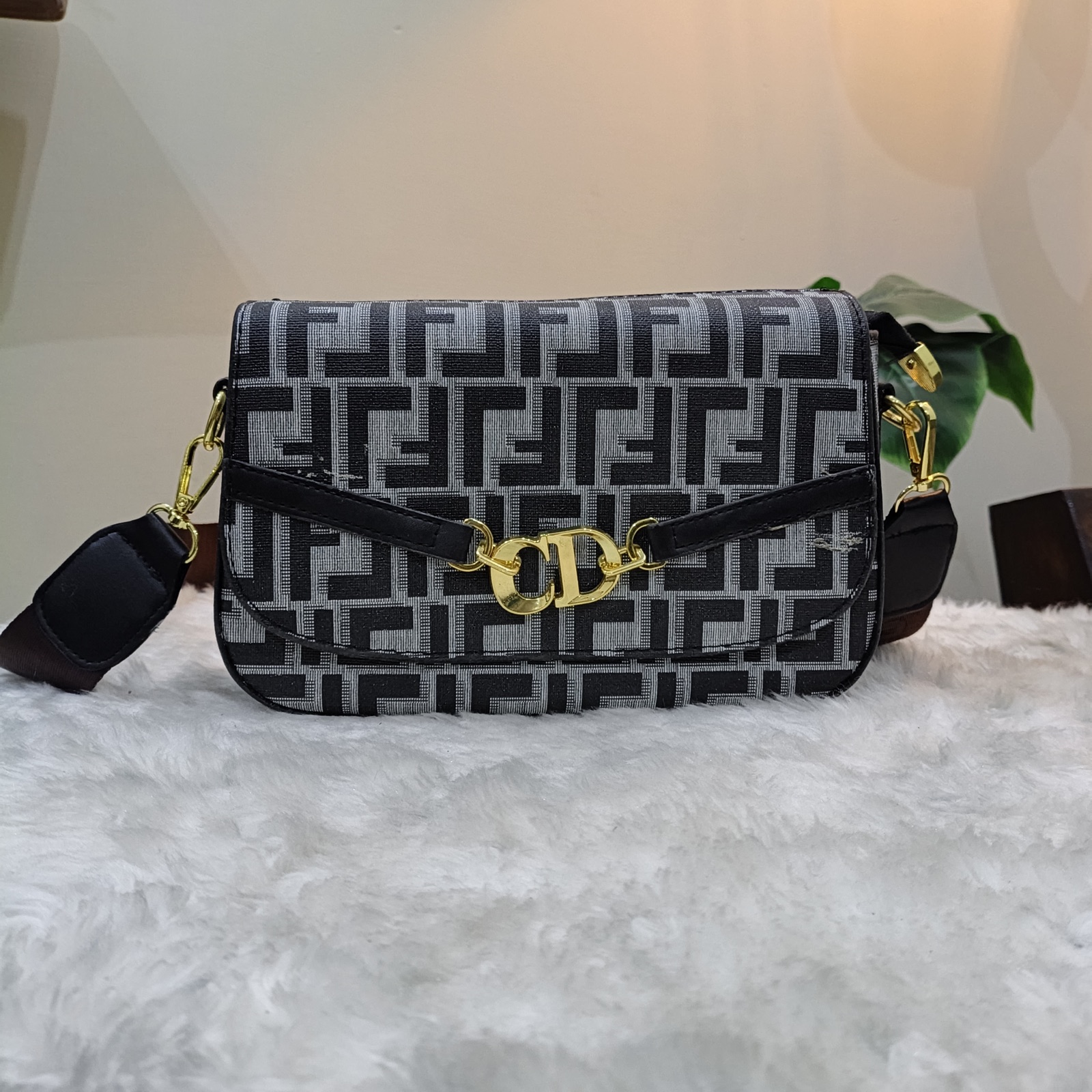 Women's Monogram Jacquard Flap Shoulder Bag with Gold Buckle & Wide Strap