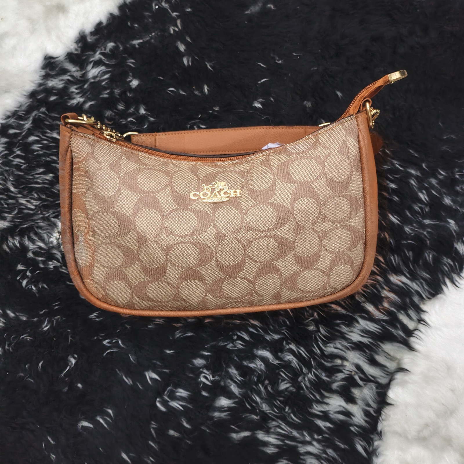 Women's Monogram Canvas Mini Shoulder Bag with Tan Trim & Gold Chain