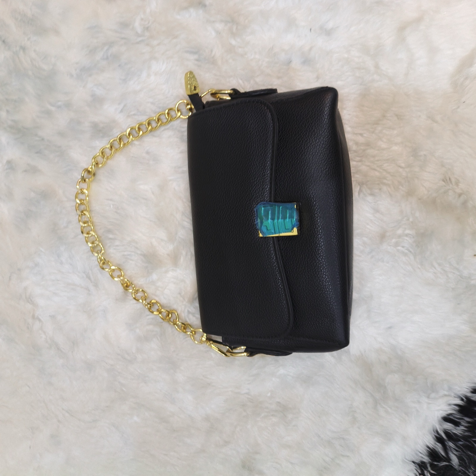 Women's Black Mini Chain Shoulder Bag with Turquoise Clasp – 2 Straps