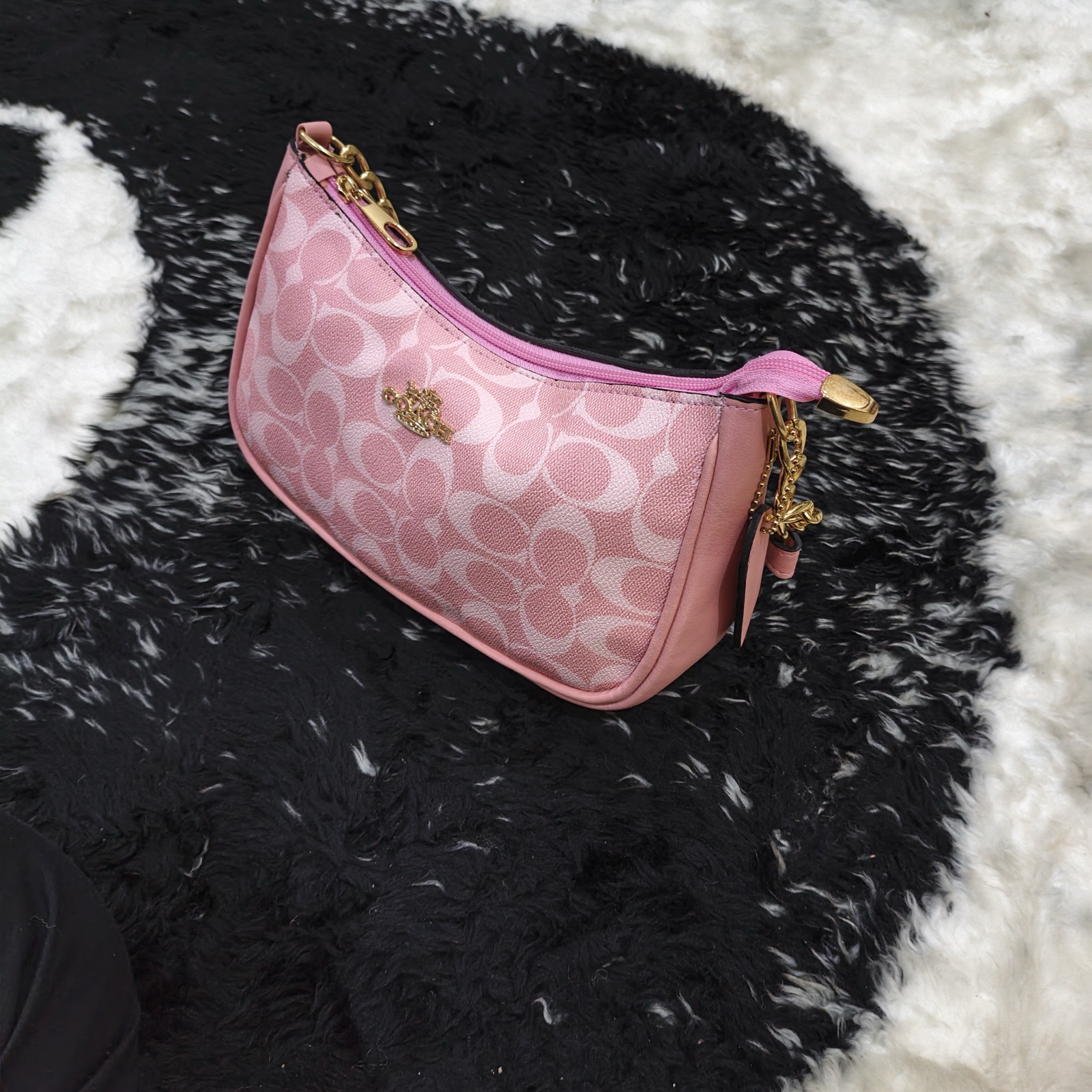 Women's Pink Monogram Hobo Shoulder Bag with Gold Chain & Charm