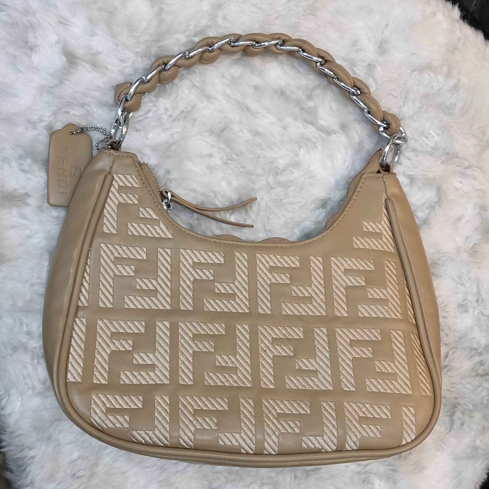 Women's Beige Monogram Hobo Bag with Braided Chain Handle & Crossbody Strap