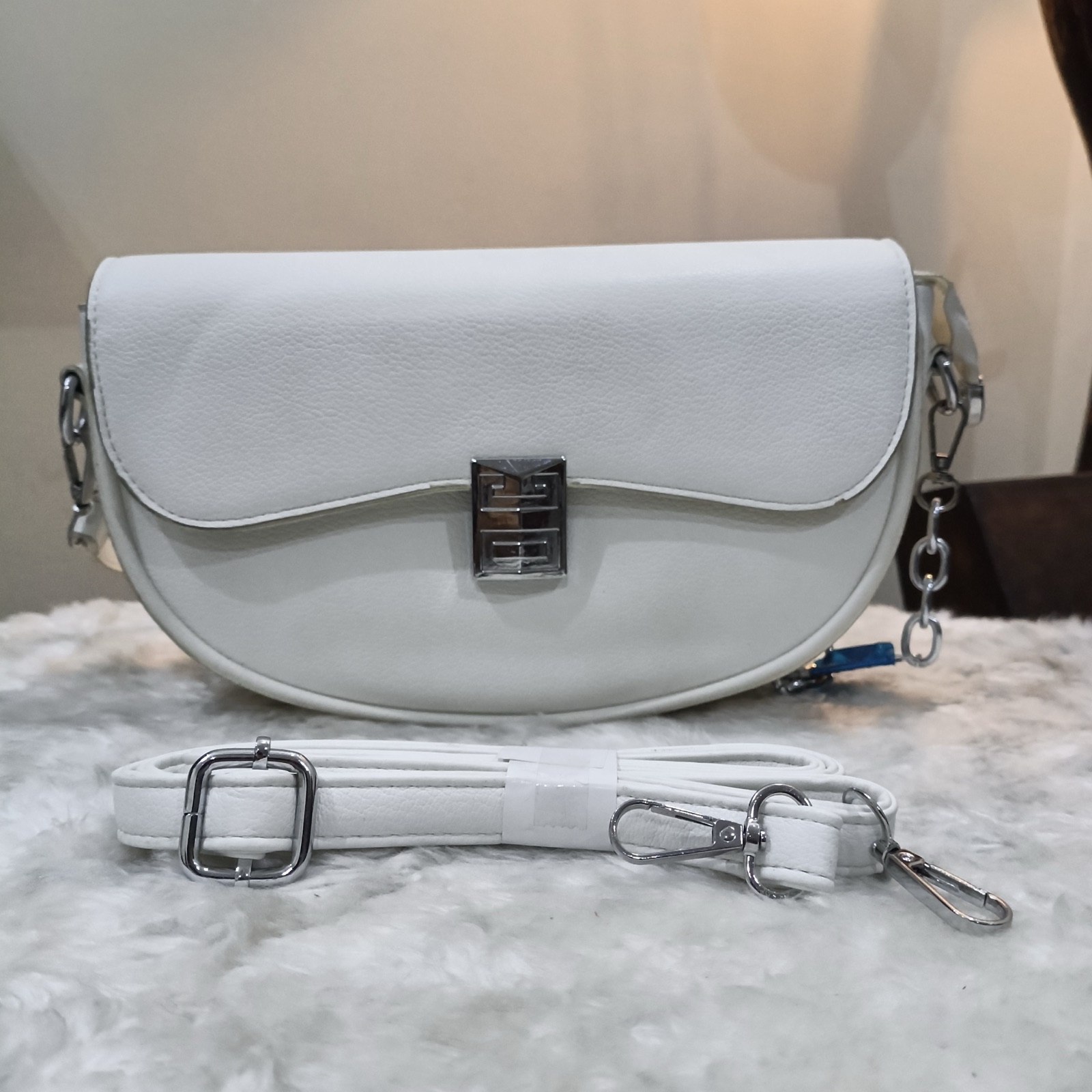 Women's White Half-Moon Saddle Crossbody Bag with Silver Lock