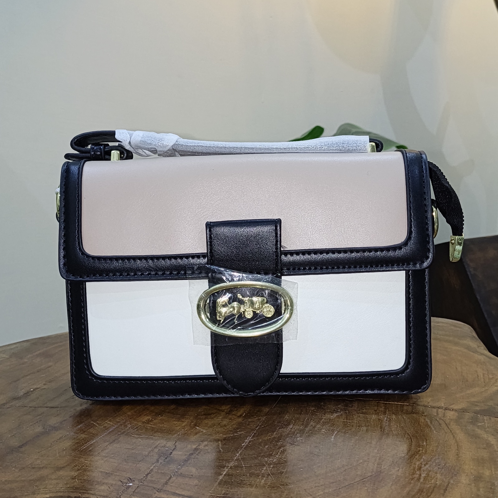 Women's Black & White Colour-Block Satchel with Top Handle & Crossbody Strap