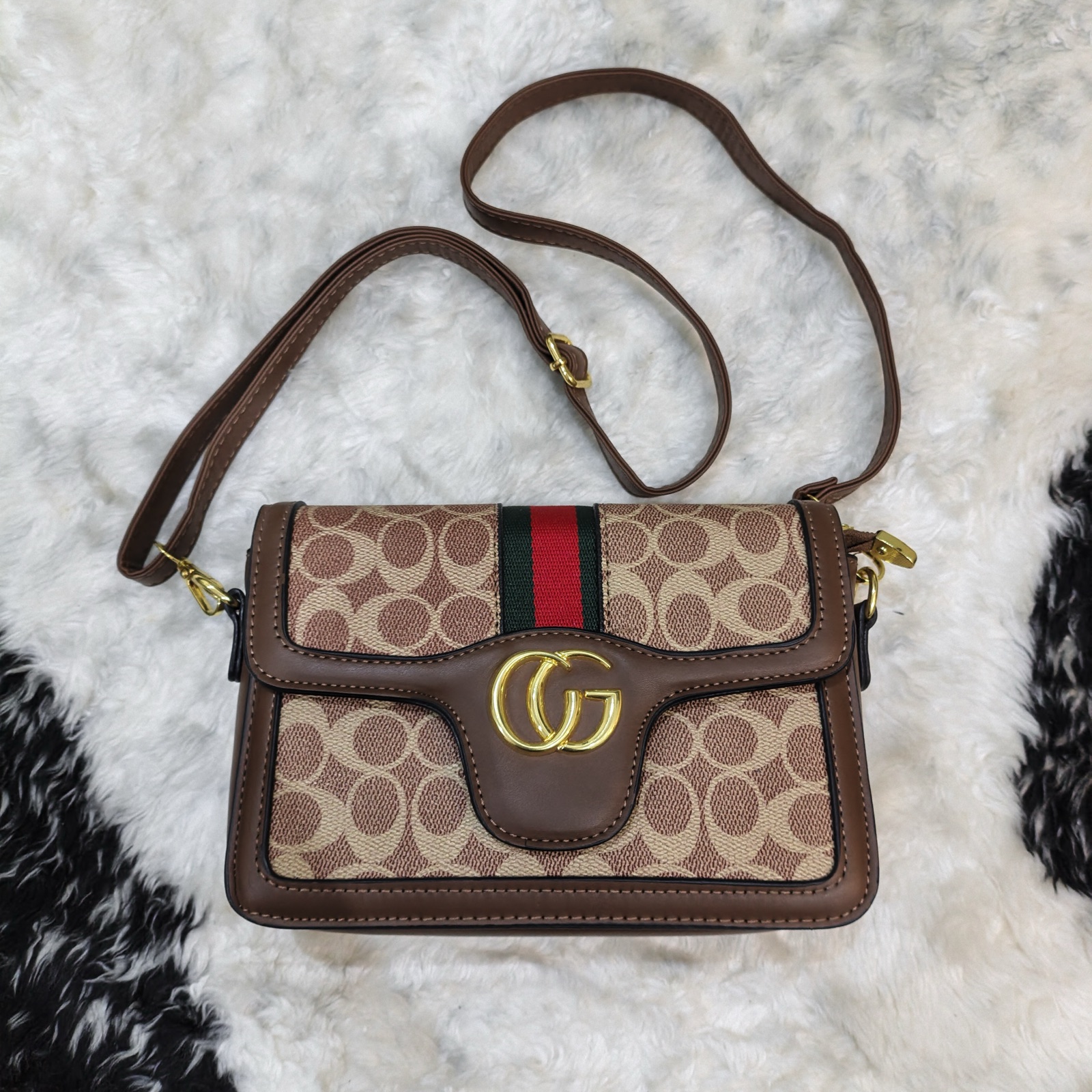 Women's Brown Monogram Flap Crossbody Bag with Striped Web Detail