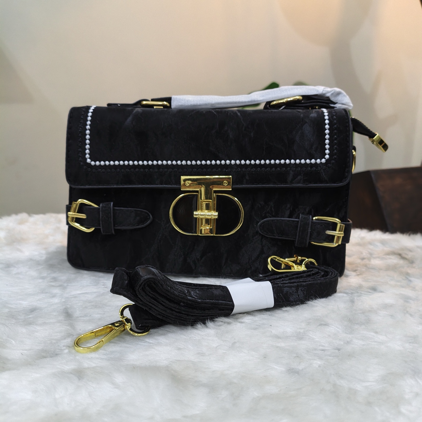 Women's Black Box Satchel with Gold T-Lock, Top Handle & Crossbody Strap