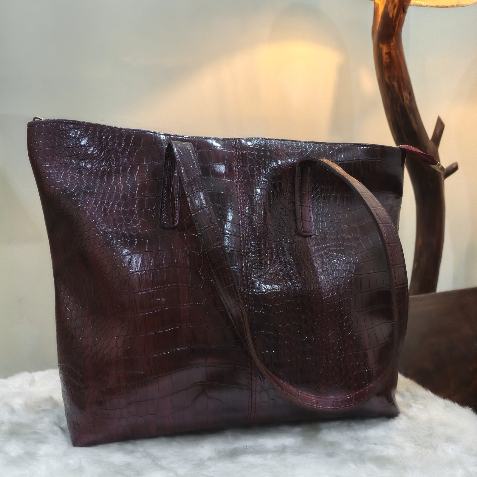 Women's Burgundy Croc-Embossed Tote Bag – Large Shoulder Tote