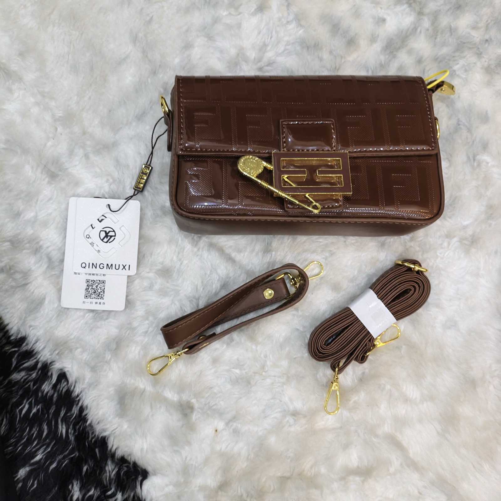 Women's Embossed Monogram Baguette Bag with Safety-Pin Charm & 2 Straps