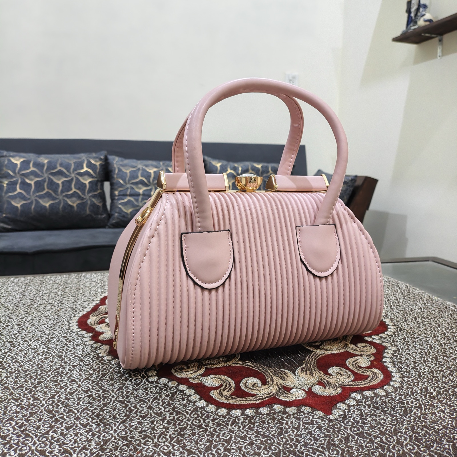 Women's Pleated Top-Handle Doctor Bag with Frame Clasp