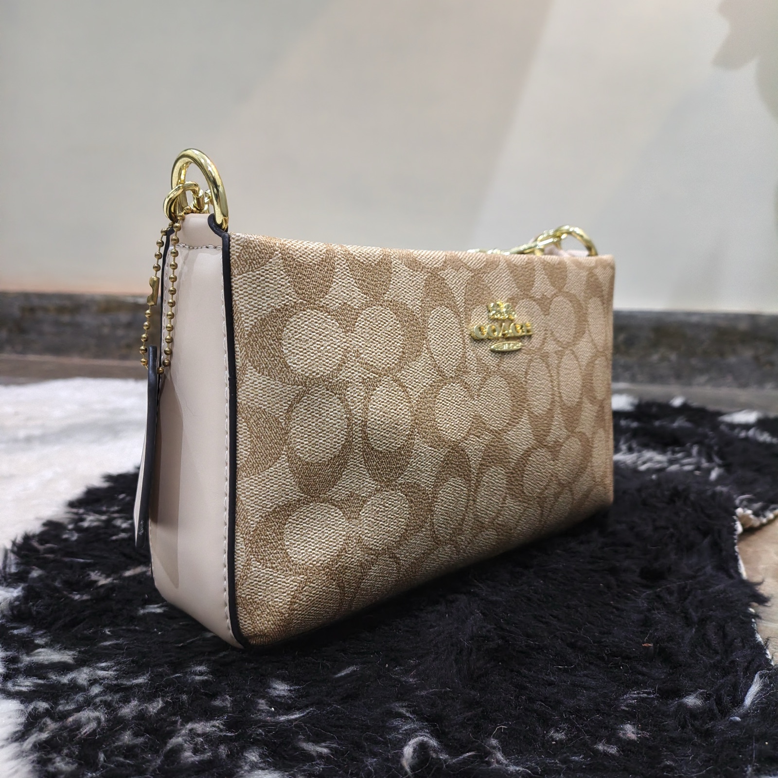 Women's Beige Monogram Shoulder Pouch with Chain & Crossbody Strap