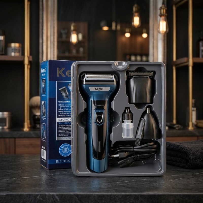 Kemei KM-6332 (3-in-1) Rechargeable Grooming Kit – Foil Shaver, Hair & Nose Trimmer for Men (Original)