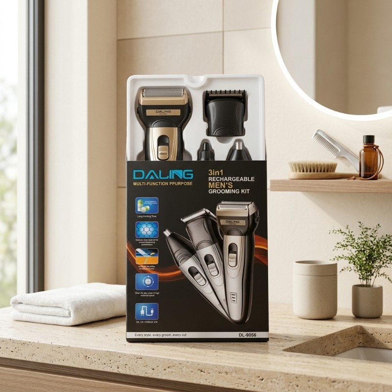Daling DL-9056 (3-in-1) Rechargeable Men's Grooming Kit – Shaver, Hair & Nose Trimmer (Original)