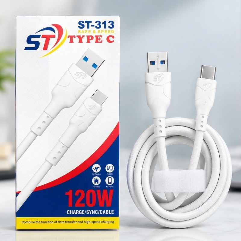 ST-313 Type-C Data Cable 120W Fast Charging Cable – Safe & Speed USB-A to Type-C Braided Cord (1m)