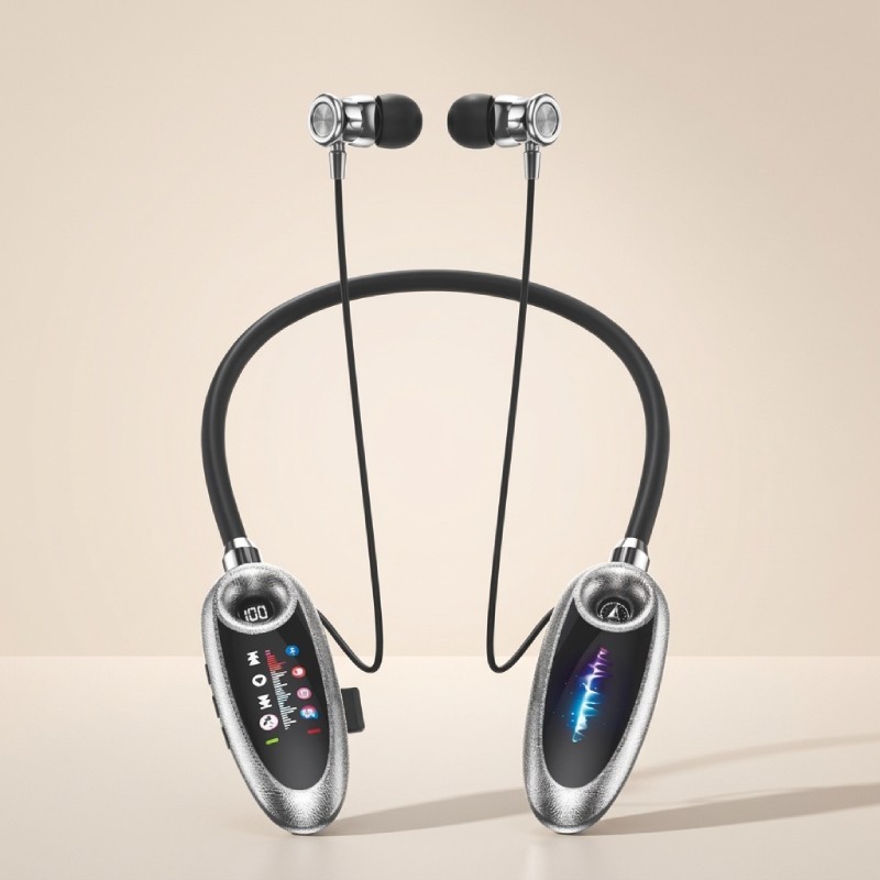 FDJ FD-19 Wireless Neckband Earphones – Bluetooth 5.4, Dual LED Display, Metal In-Ear Buds, Long Battery Life