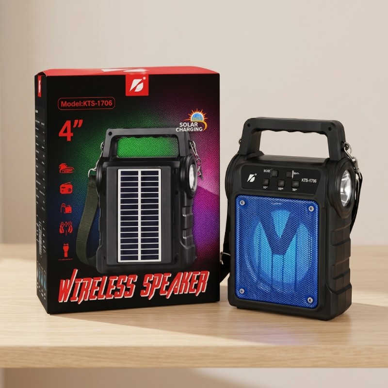 KTS-1706 Solar Wireless Bluetooth Speaker 4" – LED Torch Light, FM Radio, USB/TF Card Support, Outdoor Portable Speaker