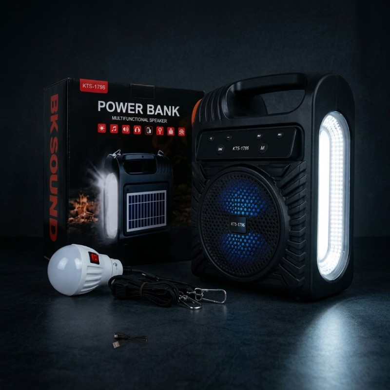 KTS-1796 Solar Speaker with Power Bank – Multifunctional Bluetooth Speaker, LED Lantern Light, 3000mAh Battery, FM Radio