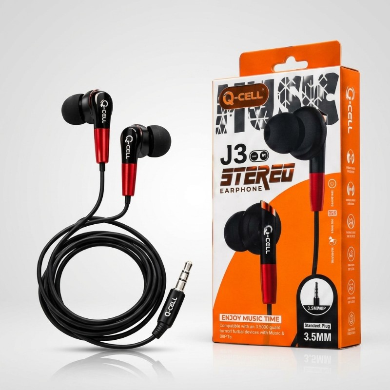 Q-CELL J3 Stereo Wired Earphones – 3.5mm In-Ear Handsfree with Mic, Clear Sound Quality