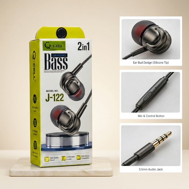 Q-CELL J-122 2-in-1 Bass Earphones – Wired Stereo Handsfree with Mic & Volume Control, Metal Build