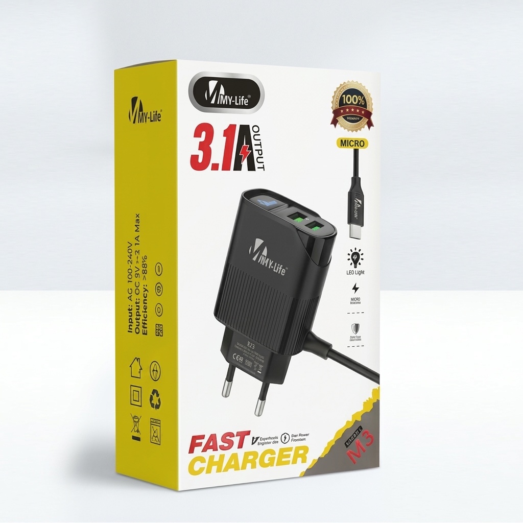 MY-Life M3 Fast Charger 3.1A with Micro USB Cable – Dual USB Wall Charger with LED Indicator