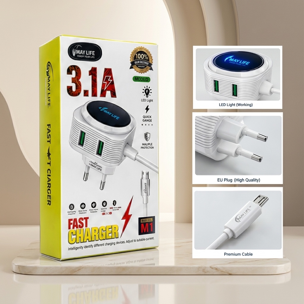 MAY LIFE M1 Fast Charger 3.1A with Micro USB Cable – Dual Port Wall Charger with LED Light