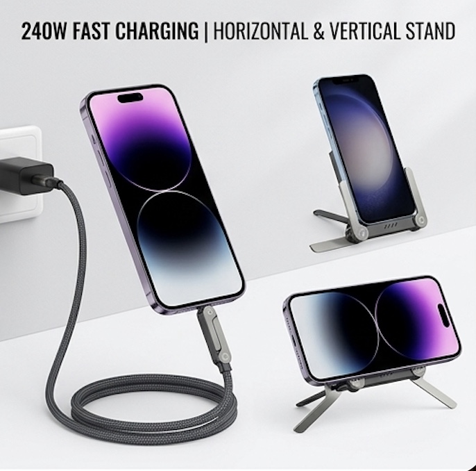 240W USB-C to USB-C Cable with Rotating Connector & Phone Stand – Braided Fast Charging Cable