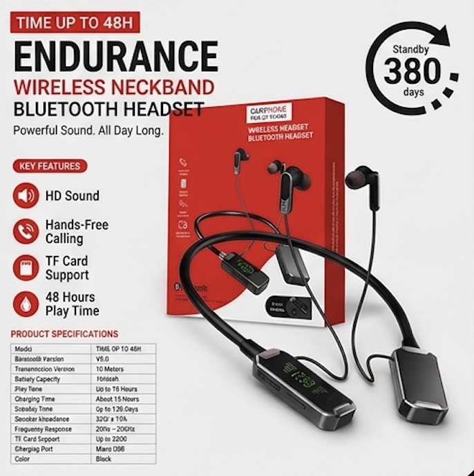 Endurance Wireless Neckband Bluetooth Headset – 48H Play Time, LED Display, TF Card Support & Magnetic Earbuds