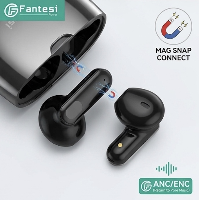Fantesi A-03 True Wireless Earbuds – ANC / ENC, Magnetic Snap Case, HiFi Audio (Black & Silver)