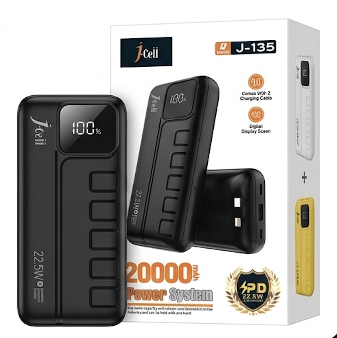 i-Cell J-135 Power Bank 20000mAh 22.5W – Built-in Cables, Digital Display, PD Fast Charging