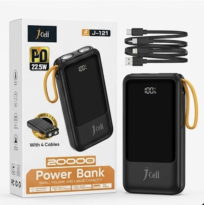 i-Cell J-121 Power Bank 20000mAh 22.5W with 4 Built-in Cables & LED Torch – PD Fast Charging