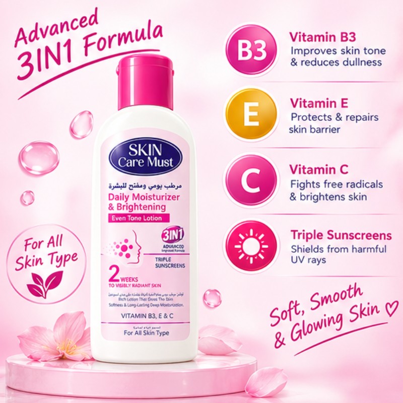 Skin Care Must Daily Moisturizer & Brightening Lotion 3-in-1 | Vitamin B3, E & C | Care & Glow