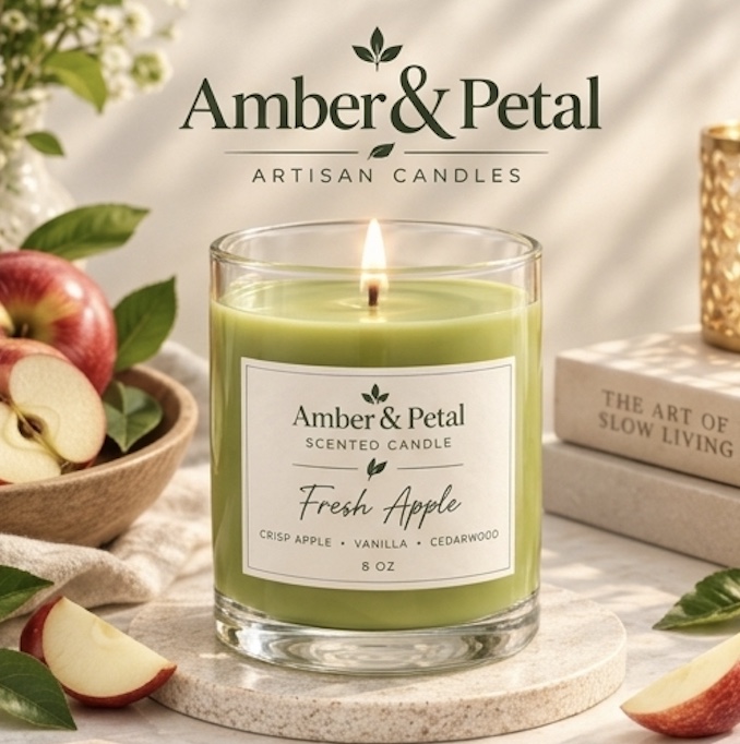 Fresh Apple Scented Candle 8oz – Crisp Apple, Vanilla & Cedarwood Glass Jar Candle