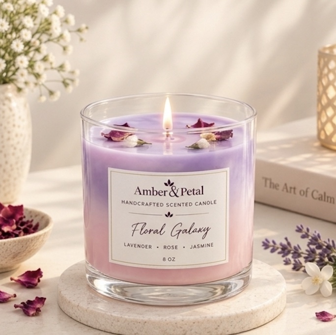 Floral Galaxy Handcrafted Scented Candle 8oz – Lavender, Rose & Jasmine Layered Candle