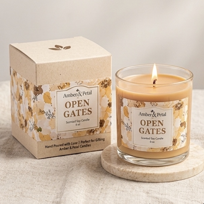 Open Gates Scented Soy Candle 8oz – Floral Wrap Glass Candle with Gift Box