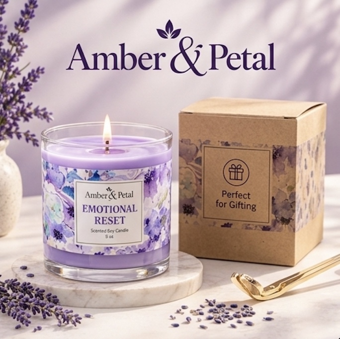 Emotional Reset Scented Soy Candle 8oz – Lavender Floral Candle with Gift Box