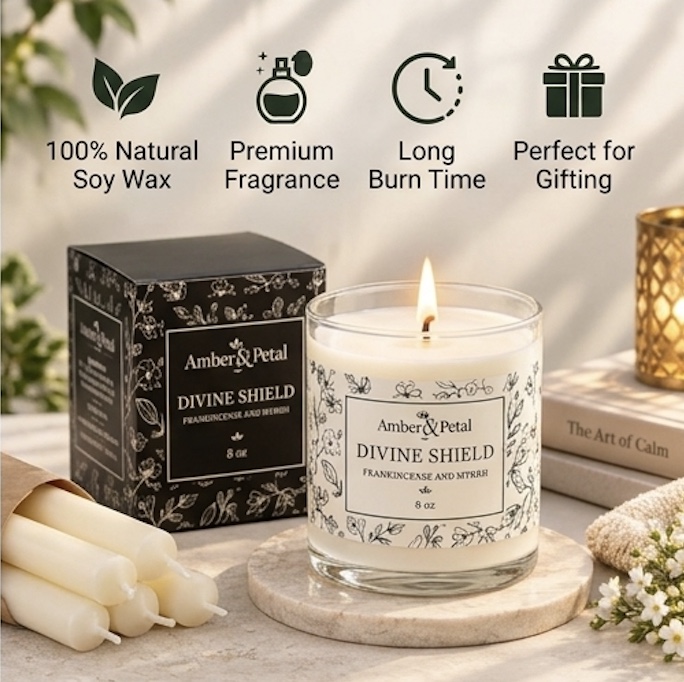 Divine Shield Scented Candle 8oz – Frankincense & Myrrh Soy Candle, Lead-Free Cotton Wick