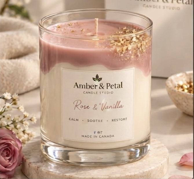 Rose & Vanilla Scented Candle 8oz – Gold Flake Topped Soy Candle with Premium Gift Box