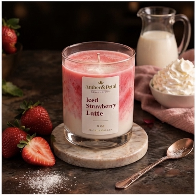Iced Strawberry Latte Scented Candle 8oz – Pink Swirl Dessert Candle in Glass Jar