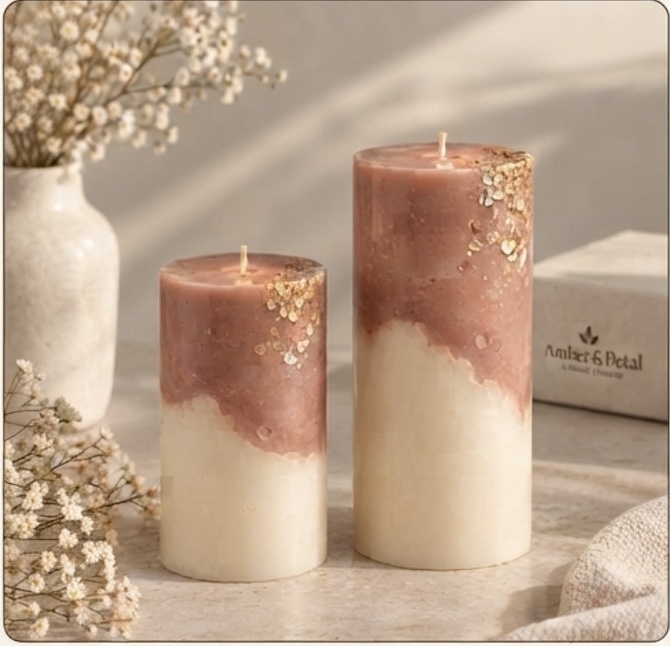 Rose Gold Flake Pillar Candle Set – 2 Hand-Poured Pillar Candles with Gift Box