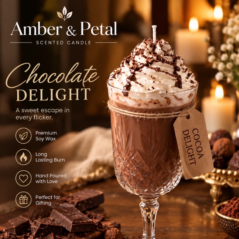 Cocoa Delight Hot Chocolate Candle – Whipped Top Dessert Candle in Crystal-Cut Glass