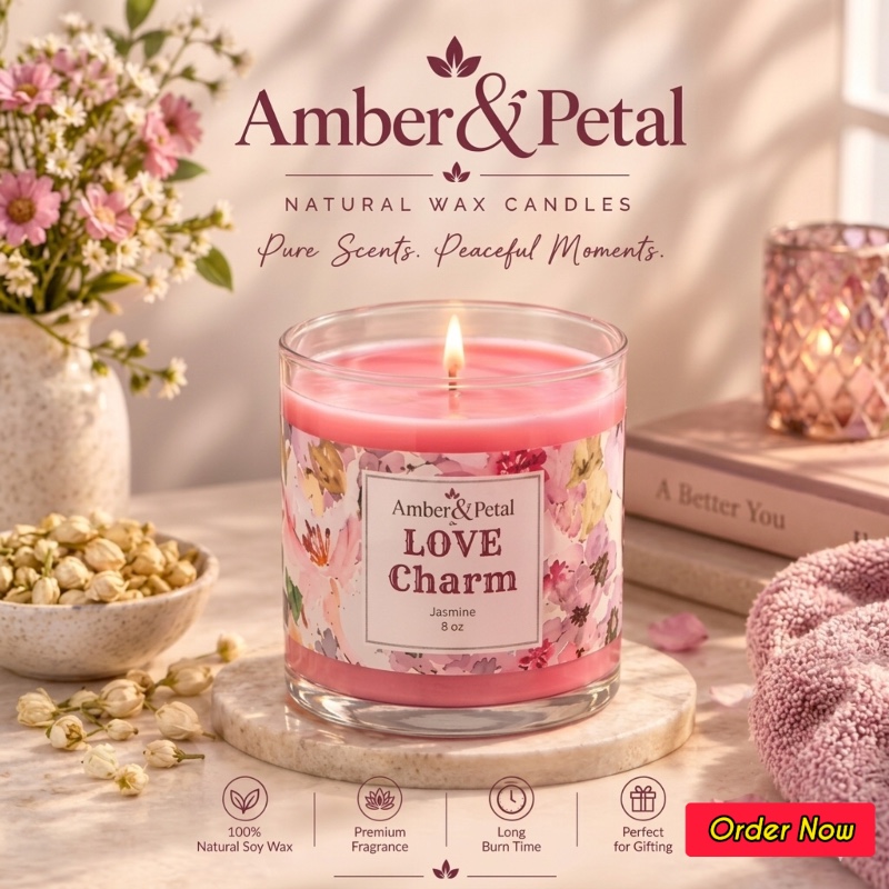 Love Charm Jasmine Scented Candle 8oz – Hand-Poured Floral Candle, 45-Hour Burn
