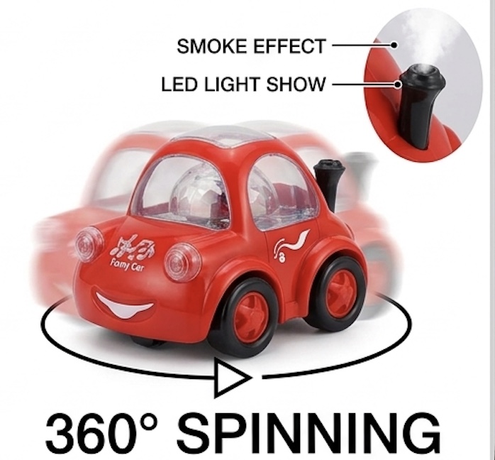 Funny Bump & Go Car with Lights, Music & Smoke Effect – 360° Spinning Toy Car