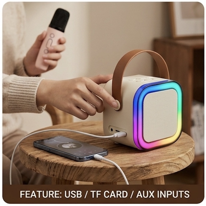 K12 Mini Karaoke Speaker with Wireless Microphone – RGB Light, USB / TF / AUX